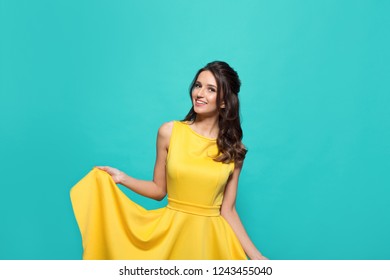 Fashion Woman Yellow Dress Woman Smiling Stock Photo 1243455040 ...