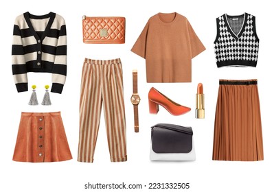 Fashion women clothes set isolated.Female trendy outlook.Brown black apparel. Lady's wear. - Shutterstock ID 2231332505