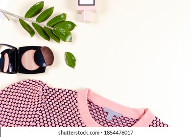 Fashion Women Clothing Set And Accessories. Vanilla Pastel Colors. Summer Street Style. Trendy Glasses, Top, Perfume, Powder, Watches, Flowers. Summer Lady. Creative Urban Overhead Summer Top View