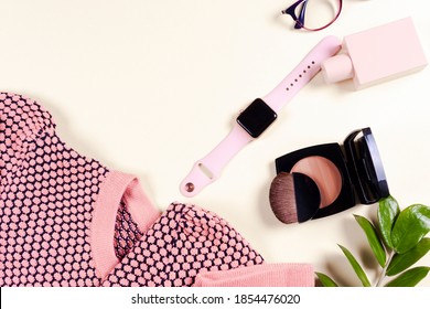 Fashion Women Clothing Set And Accessories. Vanilla Pastel Colors. Summer Street Style. Trendy Glasses, Top, Perfume, Powder, Watches, Flowers. Summer Lady. Creative Urban Overhead Summer Top View