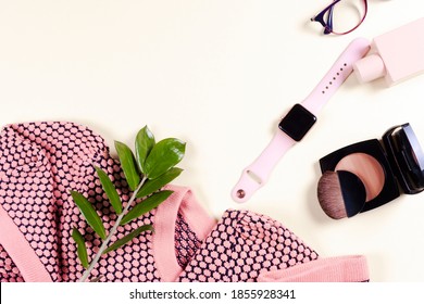 Fashion Women Clothing Set And Accessories. Vanilla Pastel Colors. Summer Street Style. Trendy Glasses, Top, Perfume, Powder, Watches, Flowers. Summer Lady. Creative Urban Overhead Summer Top View