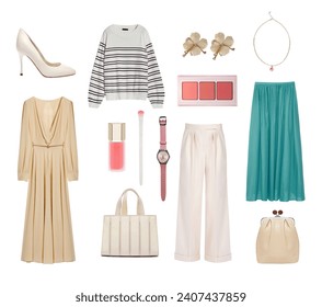 Fashion women's clothes set. Elegant female clothing isolated. Ladie's outfit. Light color apparel collection. - Powered by Shutterstock