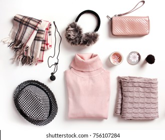 Fashion Womens Winter Clothes Set. Soft Woolen Female Outfit Clothing Collage.