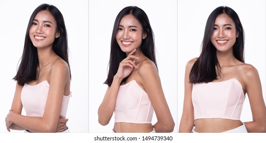 Fashion Young Thin Asian Woman Tan Skin Eyes Brown Long Straight Black Hair Beautiful Make Up Fashion Pink Closet Posing Attractive Glam Look. Studio Lighting White Isolated Background, Copy Space