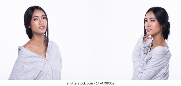 Fashion Young Thin Asian Woman Tan Skin Eyes Brown Long Straight Black Hair Beautiful Make Up Fashion White Shirt Posing Attractive Glam Look. Studio Lighting White Isolated Background, Copy Space