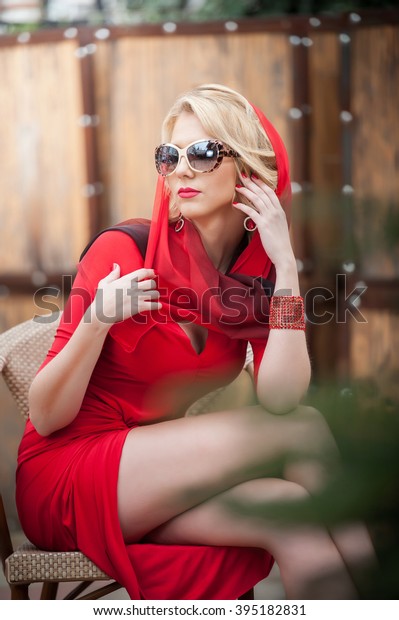 Fashionable Attractive Lady Red Dress Headscarf Stock Photo Edit