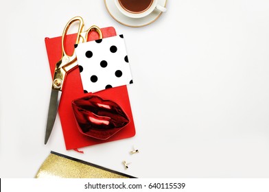 Fashionable Background, Red Lips With Red Notebook, Flat Lay And Top View. Coffee And Gold Accessory. Polka Dots Pattern