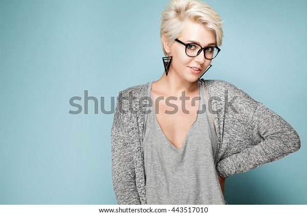 Fashionable Blond Girl Glasses Short Hair Stock Photo Edit Now