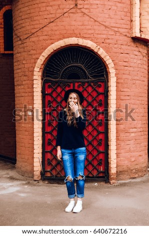 Similar – Happy thin woman with sunglasses and hat smiling while visiting The Rocks in Sydney city, Australia.