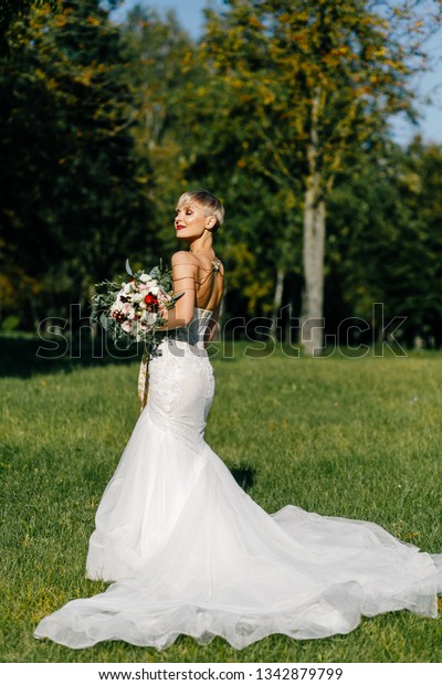 Fashionable Bride Short Hair Posing Park Stock Photo Edit Now