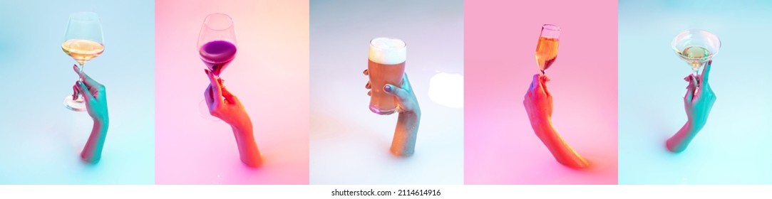 Fashionable. Collage. Close up female hand gesturing from the milk bath with soft white glowing in neon light. Copyspace for advertising. Holding glass of blue cocktail, alcohol. Modern neoned colors.