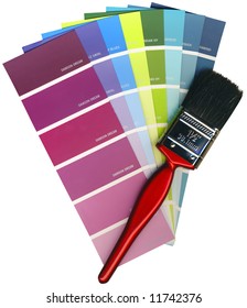 Fashionable Colours Of Paint Swatches, And Paintbrush On A White Background Isolated, With Clipping Path