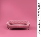 Fashionable comfortable stylish pink fabric sofa with black legs on pink background with shadow. Pink interior, showroom, single piece of furniture. Vilyura, velvet sofa. Luxury couch front view
