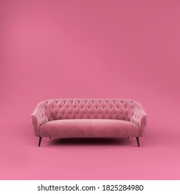 Modisches, komfortables, rosa Stoffsofa mit schwarzen Beinen auf rosafarbenem Hintergrund und Schatten. rosafarbene Inneneinrichtung, Showroom, einzelnes Möbelstück. Vilyura, Velours-Sofa. Luxus-Couch-Vorderansicht
