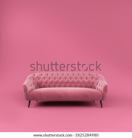 Fashionable comfortable stylish pink fabric sofa with black legs on pink background with shadow. Pink interior, showroom, single piece of furniture. Vilyura, velvet sofa. Luxury couch front view