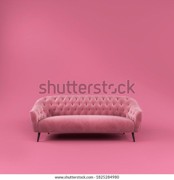 Fashionable comfortable stylish pink fabric sofa\
with black legs on pink background with shadow. Pink interior,\
showroom, single piece of furniture. Vilyura, velvet sofa. Luxury\
couch front view