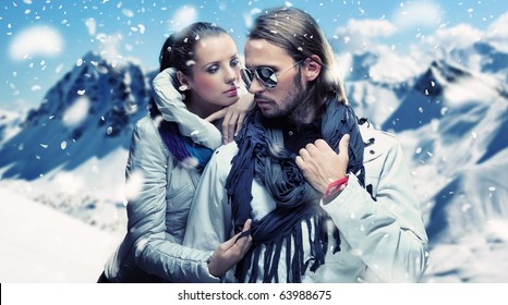 Fashionable Couple Posing Over Alpine Mountains