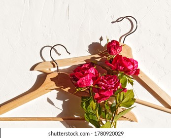 Fashionable flower arrangement. Layout of red rose flowers and wooden coat hanger. Template for sales of clothing, accessories, underwear. Flat lay. Top view. Copy space.