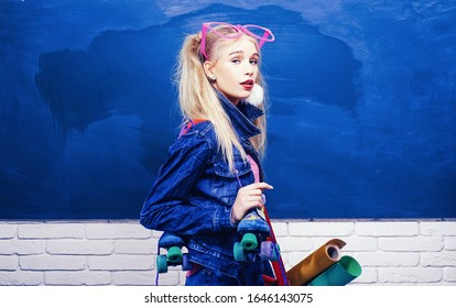 Fashionable Girl Creative Student Chalkboard Background. Back To School. Stylish Creative Modern Girl. Creative Style. Self Expression And Fashion. Fancy Schoolgirl. School Fashion. Creative Teen.