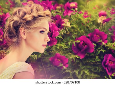 Fashionable Hair Disheveled Braid Around The Head .Happy Beautiful Young Model Girl In Summer Blossom Park.