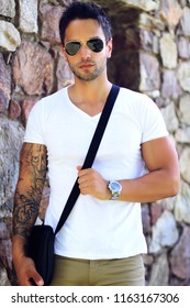Fashionable Man Wearing Satchel Bag, Watch Ans Sunglasses . Summer Clothes For Men