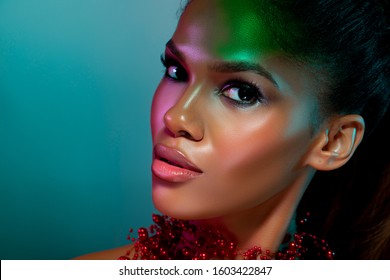 Fashionable Portrait Girl In Neon Light Background. Portrait Of Beautiful Black Woman. Makeup. Futuristic Abstract Blue And Green Neon Light Background. Trendy Color Background - Image              