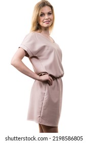 Fashionable Pretty Woman Wearing Elegant Casual Pink Tunic Dress Presenting Stylish Elegant Outfit.