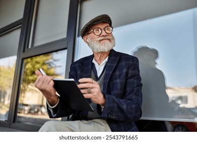 A fashionable senior man sits thoughtfully outside a modern building, enjoying the autumn breeze as he sketches. - Powered by Shutterstock