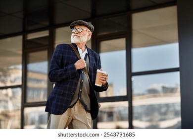 A fashionable senior man strolls confidently in smart casual attire, savoring a warm beverage. - Powered by Shutterstock