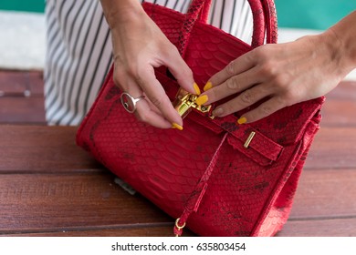 Fashionable Woman Holding Luxury Snakeskin Python Bag. Elegant Outfit. Close Up Of Purse In Hands Of Stylish Lady. Model Posing Near The Swimming Pool. Bali Island.