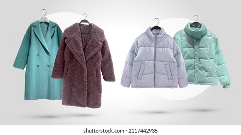 Fashionable Women Faux Shearling Coat And Down Jacket. Padded Coat With Zip Fastener Isolated On Blue Background. Winter Clothes Pattern. Composition Of Clothes. Flat Lay, Top View, Copy Space