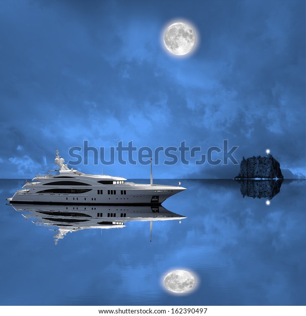 Fashionable yacht in the\
open sea at night.