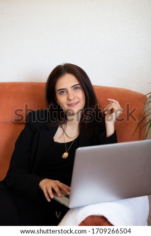 Similar – Image, Stock Photo Smiling businesswoman working at desk with laptop