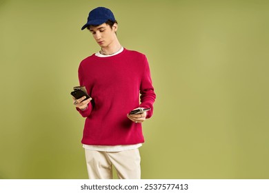 A fashionable young man holds two phones while showcasing a vibrant pink sweater against a pastel green wall. - Powered by Shutterstock