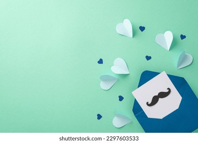 Fashion-forward Father's Day idea. Flat lay top view of envelope with postcard, paper hearts, mustaches, arranged on a teal background with space for text - Powered by Shutterstock