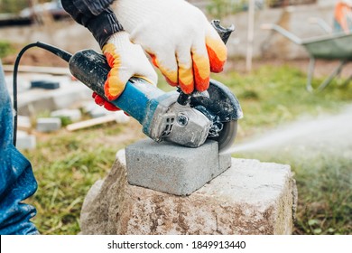 Fast Accurate Cutting Of Concrete Stone With A Diamond Blade On A Powerful Grinder - Trimming Paving Slabs