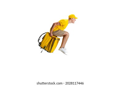 Fast delivery service concept. Young delivery man in yellow uniform flying to deliver order isolated on white background. Concept of convenience, speed, comfort, safety, service. Flying backpack