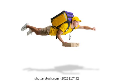 Fast delivery service concept. Young delivery man in yellow uniform flying to deliver order isolated on white background. Concept of convenience, speed, comfort, safety, service.
