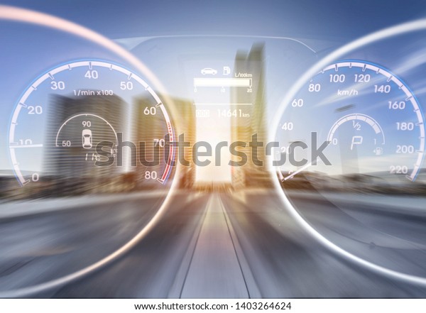 Fast\
driving concept, car dashboard on road\
background