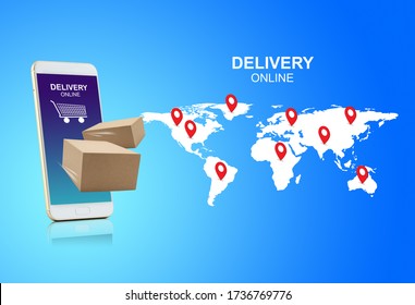 Fast Express Delivery Package For Shopping Online On Phone, App Service Online To Internet With Smartphone, New Normal Business And Lifestyle, Shipping And Logistic On Mobile Technology Concept.