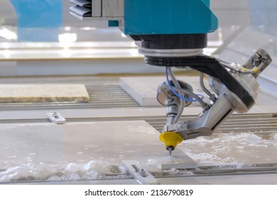 Fast Extreme Cnc Automatic Waterjet Cutting Machine Working With Sheet Metal By High-pressure Water Jet And Abrasive Substance. Metalworking, Industrial, Manufacturing, Technology Concept