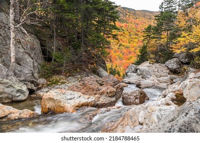 Fast flowing mountain creek in autumn. Stunning fall foliage in background. Pinkham Notch, N, USA. - Shutterstock ID 2184788465