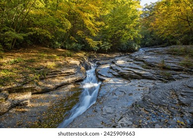 Fast flowing river cuts path through rock bed on colorful autumn day.