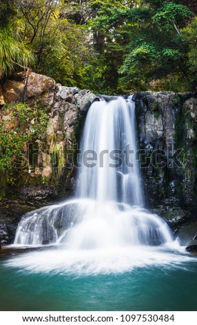 The fast flowing Waiau Waterfall located in the forest of New Zealand. The water flows over a rocky cliff into a deep blue pool.