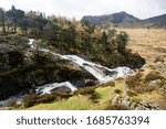 Fast flowing, white foaming river, tumbling over boulders, with pine trees and rugged mountains in the distance 