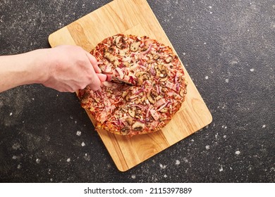 Fast Food, Baked Frozen Pizza With Ham, Mushrooms And Cheese On Thick Dough. Ready To Eat. Flatlay.