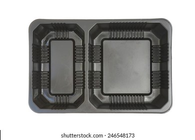 Fast Food Black Plastic Tray , Two Cavity , On White Background (top View)