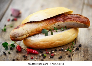 Fast Food, Bratwurst With Bun And Mustard, Closeup.