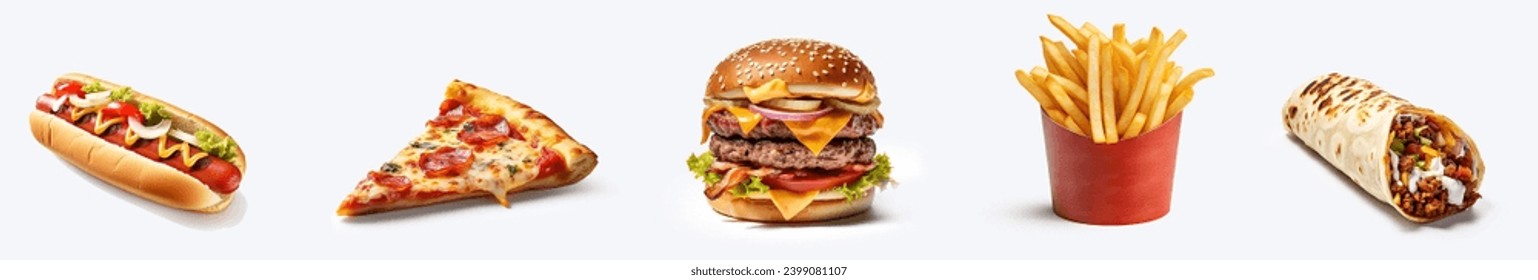 Fast food collection isolated on white background. hot dog, pizza slice, hamburger, French fries, burrito. closeup abstract of different food items - Powered by Shutterstock