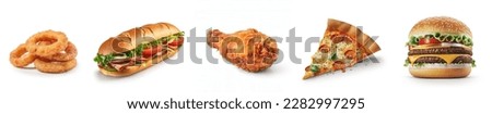 Fast food collection isolated on white background. onion rings, sandwich, fried chicken, pizza slice, hamburger. closeup abstract of different food items